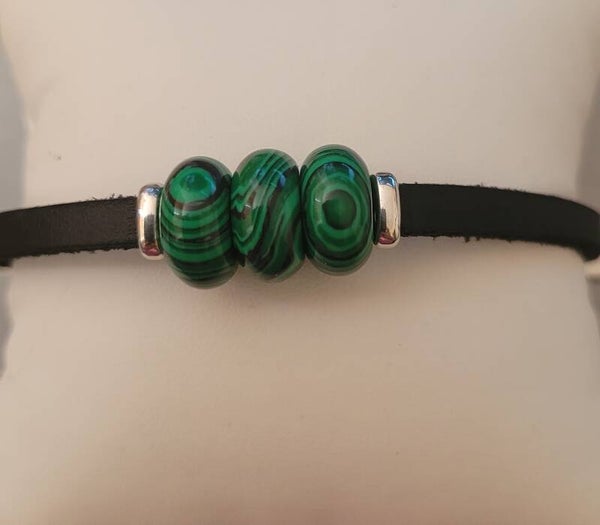 Bracelet en cuir véritables perles gemme malachite