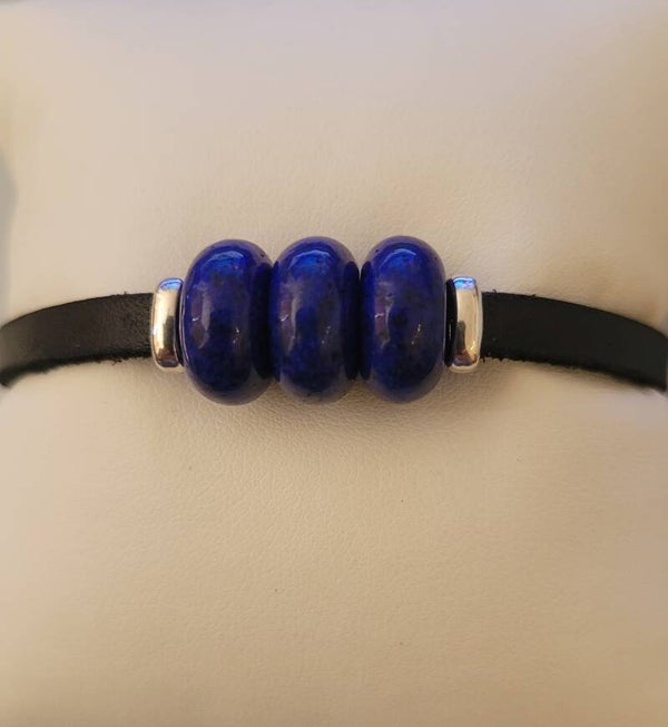 Bracelet en cuir véritables perles gemme lapis-lazuli