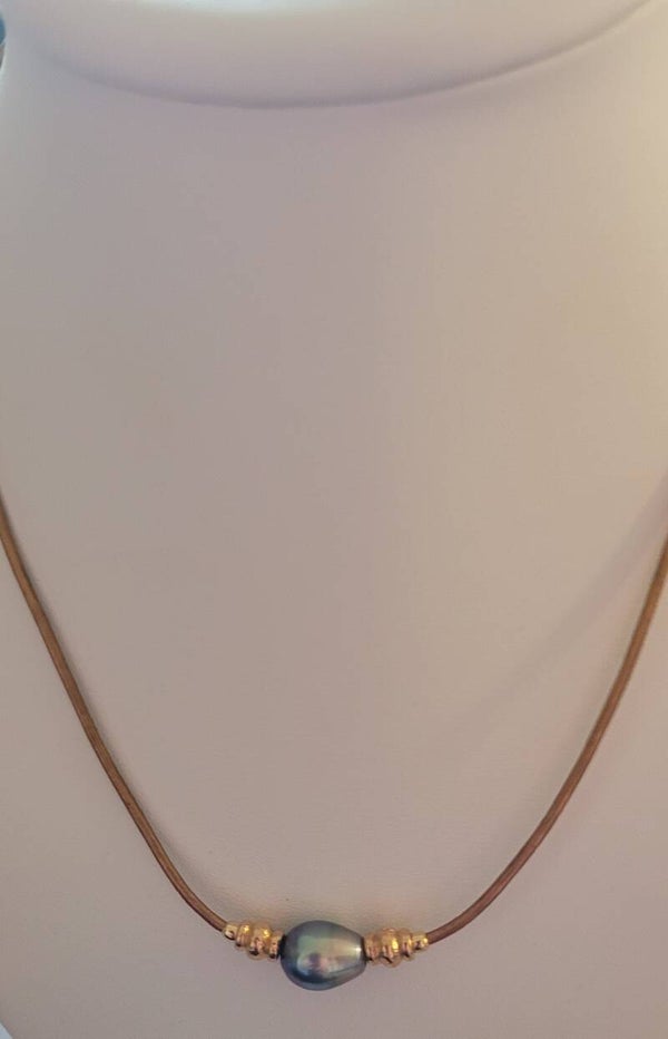 Collier cuir ras du cou véritable perle de tahiti