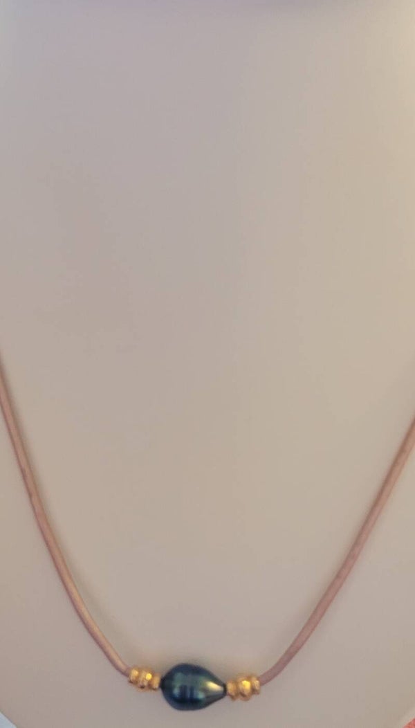 Collier cuir ras du cou véritable perle de tahiti