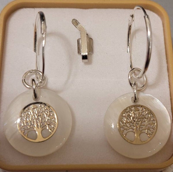 Créoles 21mm arbre de vie en argent et véritable nacre