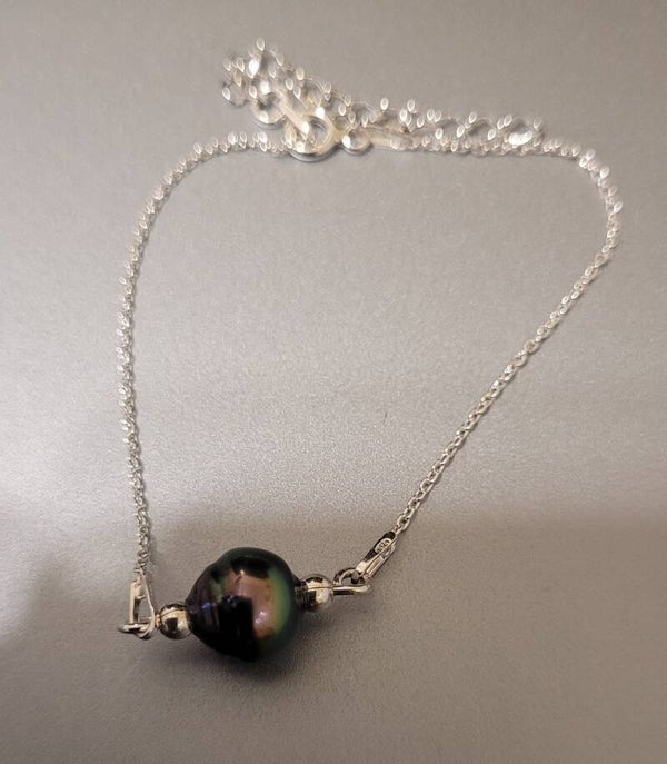 Bracelet 21cm en argent ajustable véritable perle de tahiti cerclée