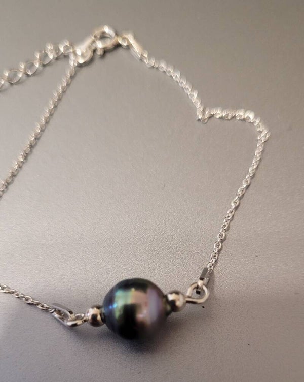 Bracelet 21cm en argent ajustable véritable perle de tahiti cerclée