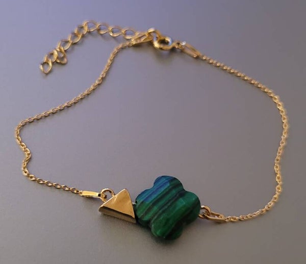 Bracelet trèfle 21cm ajustable en argent 925 doré or fin 24k pierre gemme malachite