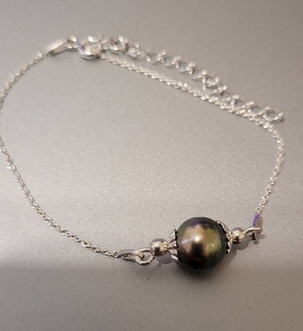 Bracelet 21cm en argent ajustable véritable perle de tahiti