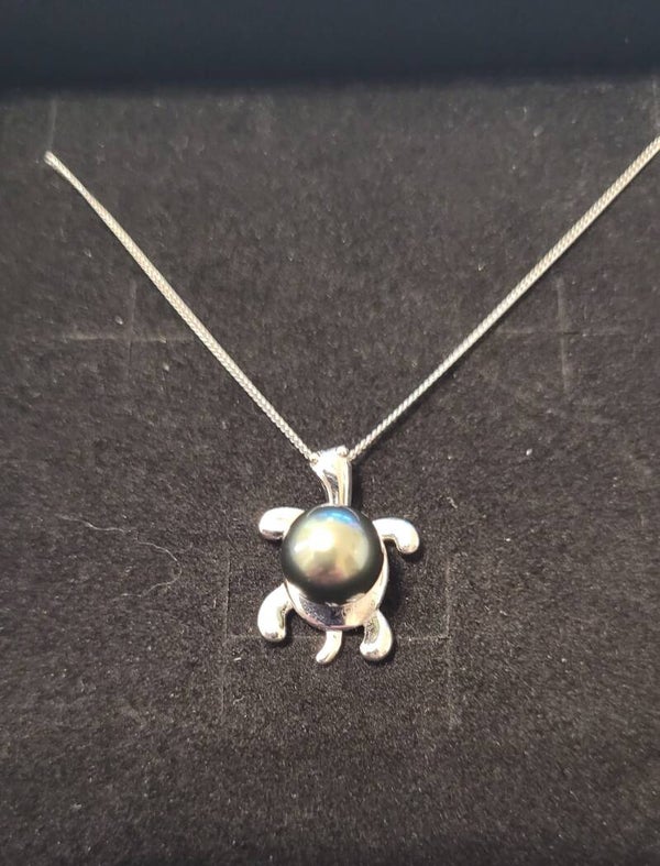 Collier 50cm en argent pendentif tortue perle de tahiti