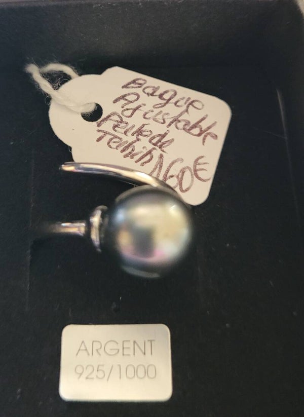 Bague en argent ajustable véritable perle de tahiti