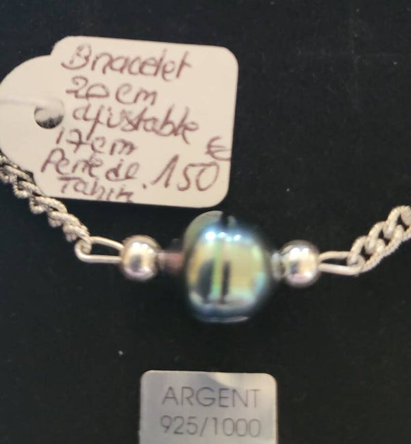 Bracelet 20cm en argent ajustable véritable perle de tahiti