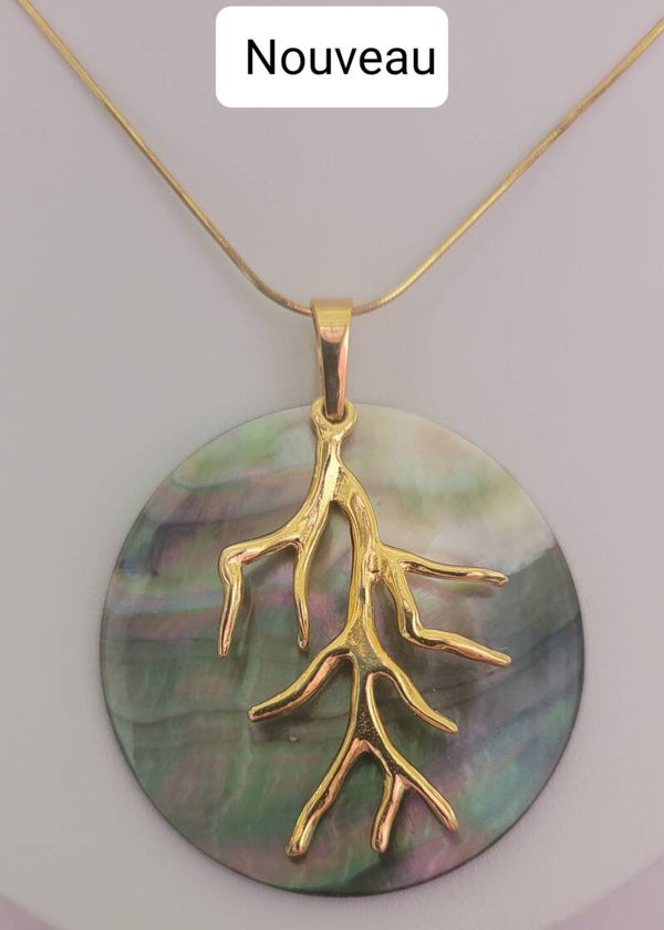 Collier 45cm en  argent doré or fin pendentif nacre motif corail