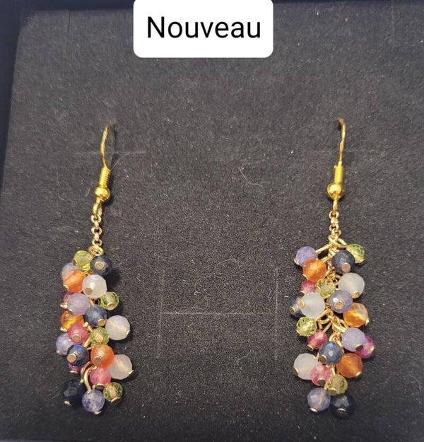 Boucles d'oreilles pendantes en Argent doré pierres fa