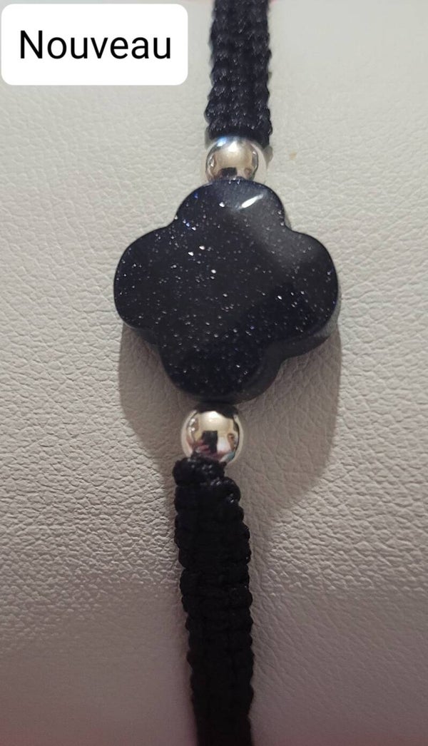 Bracelet tressé noir réglable pierre de sable bleu