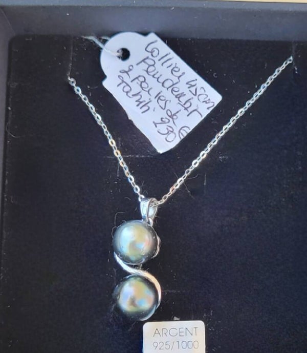 Collier 45cm en argent pendentif toi et moi 2 perles de tahiti