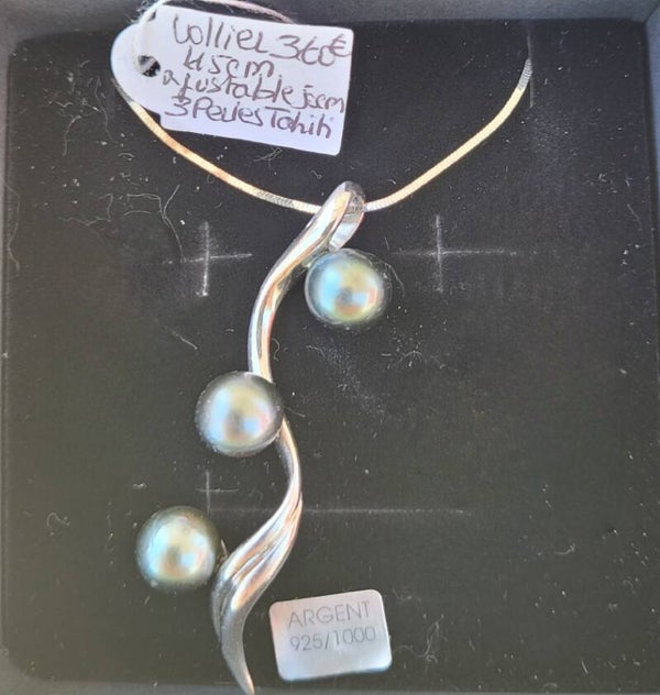 Collier 45 cm en argent pendentif 3 perle de tahiti