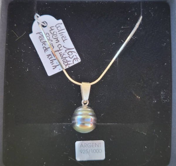 Collier 45cm en argent perle de tahiti cerclée