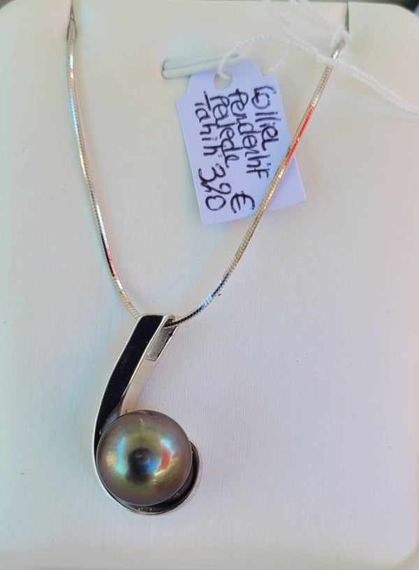 Collier 45cm argent pendentif perle de tahiti