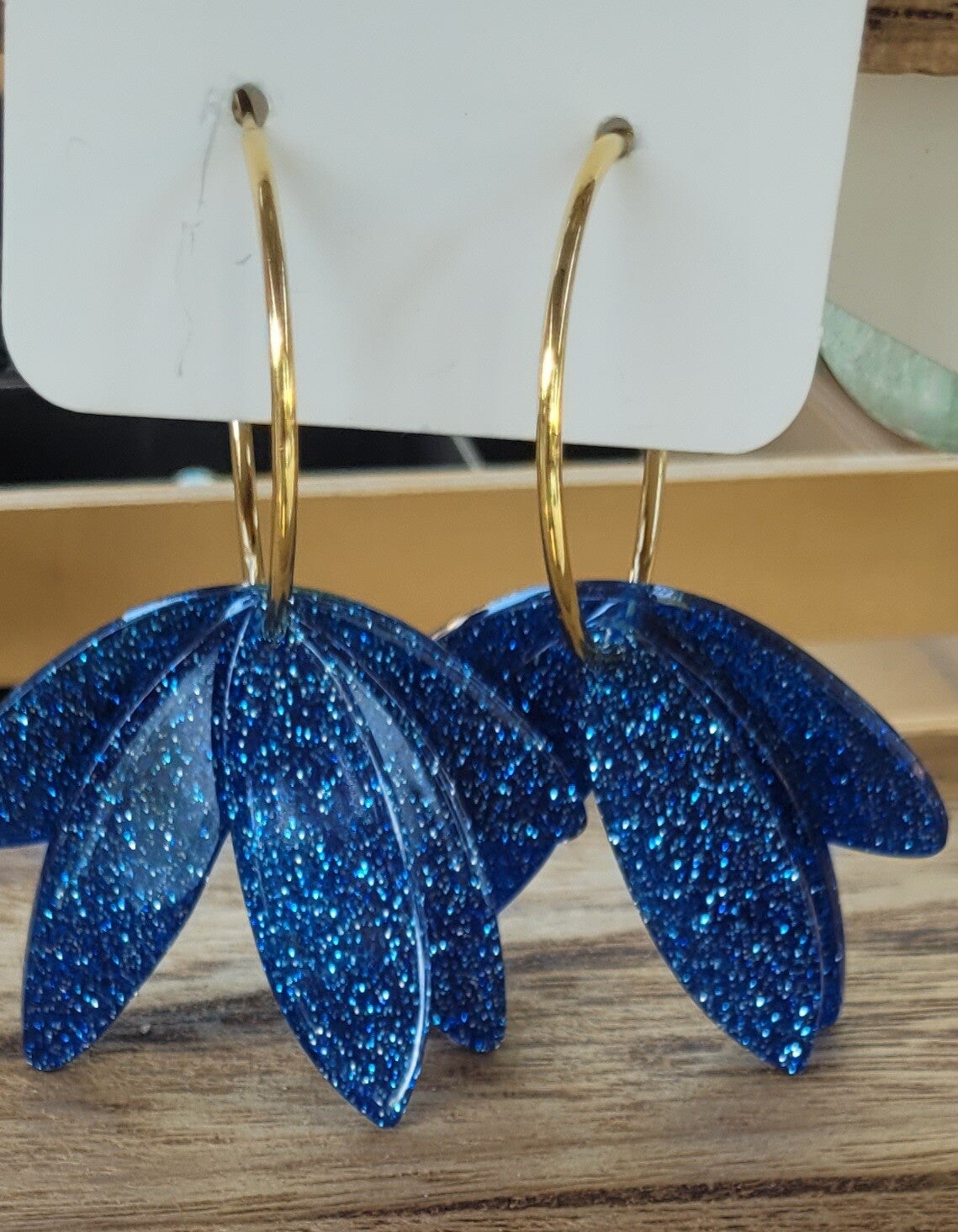 Créoles 31mm plaqué or feuilles bleu