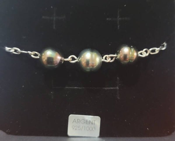 Bracelet 20cm en argent ajustable 3 perles de tahiti