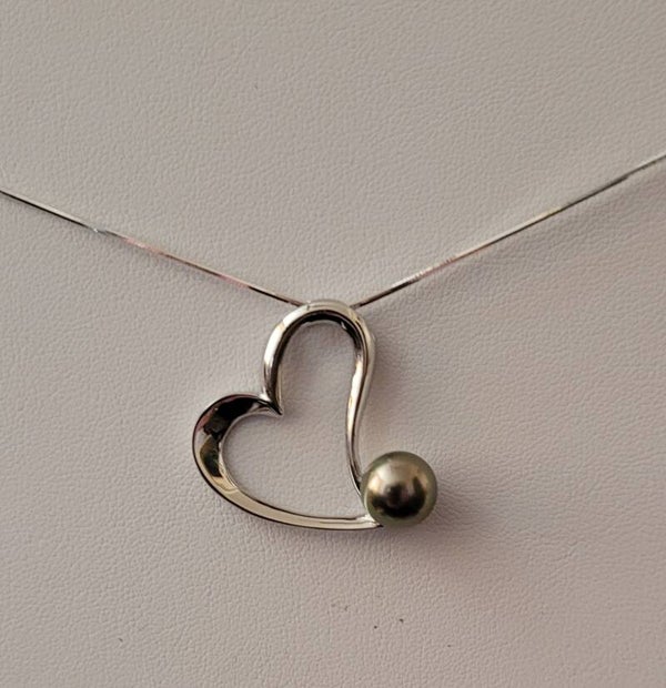 Collier 45cm ajustable en argent cœur perle de tahiti