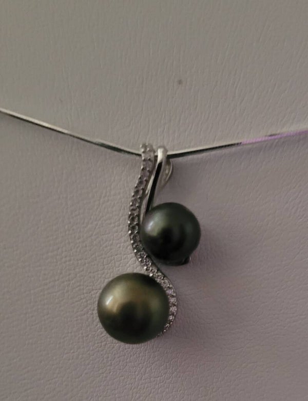 Collier 45cm ajustable en argent pendentif 2 perles de tahiti