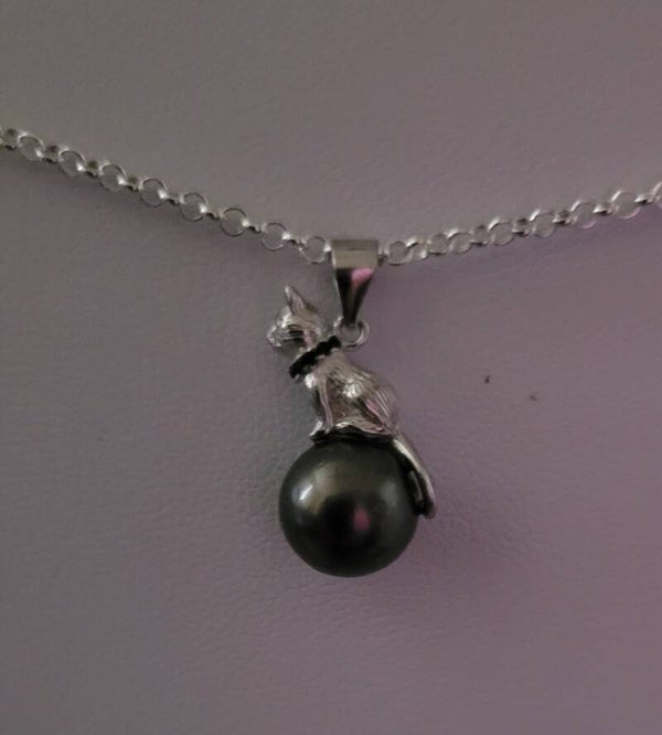 Collier 45cm ajustable en argent pendentif chat perle de tahiti