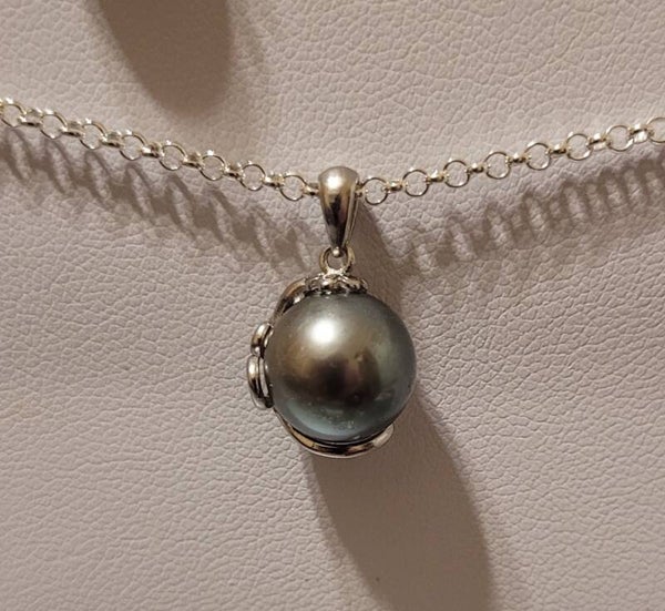 C0llier 45cm ajustable en argent pendentif vague perle de tahiti
