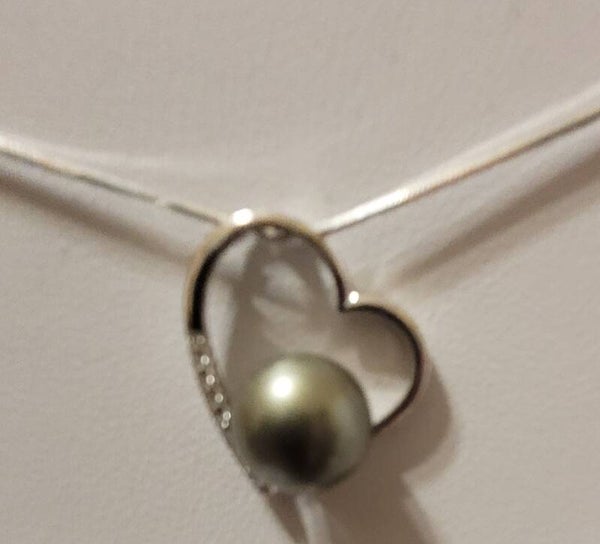 Collier 45cm ajustable en argent pendentif coeur perle de tahiti