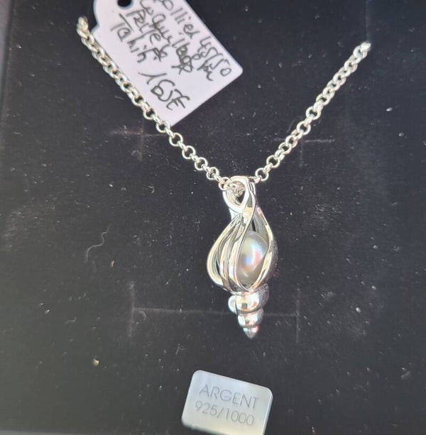 Collier 45cm ajustable en argent pendentif cage perle de tahiti