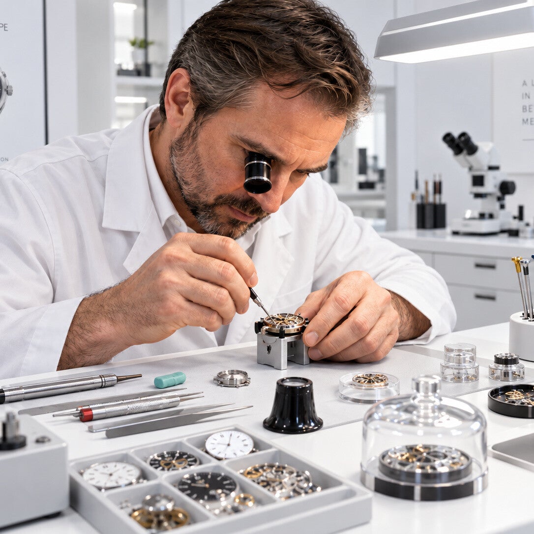 Man in werkplaats repareert een defect horloge 