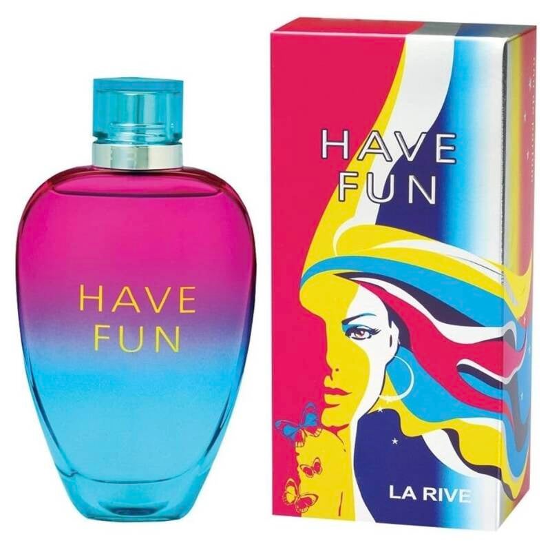 alt="Botella de perfume La Rive Have Fun, fragancia económica con notas dulces y cremosas de pistacho, caramelo y vainilla, perfecta para el día a día."