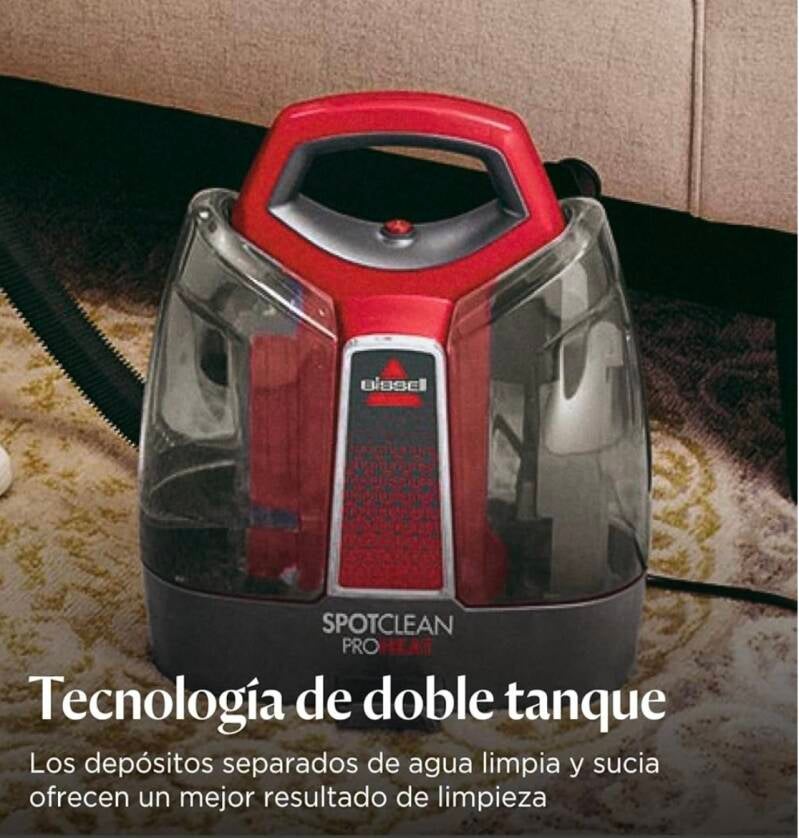 ALT: Depósito de agua sucia del Bissell SpotClean ProHeat – Resultados de limpieza profunda en sofás y alfombras