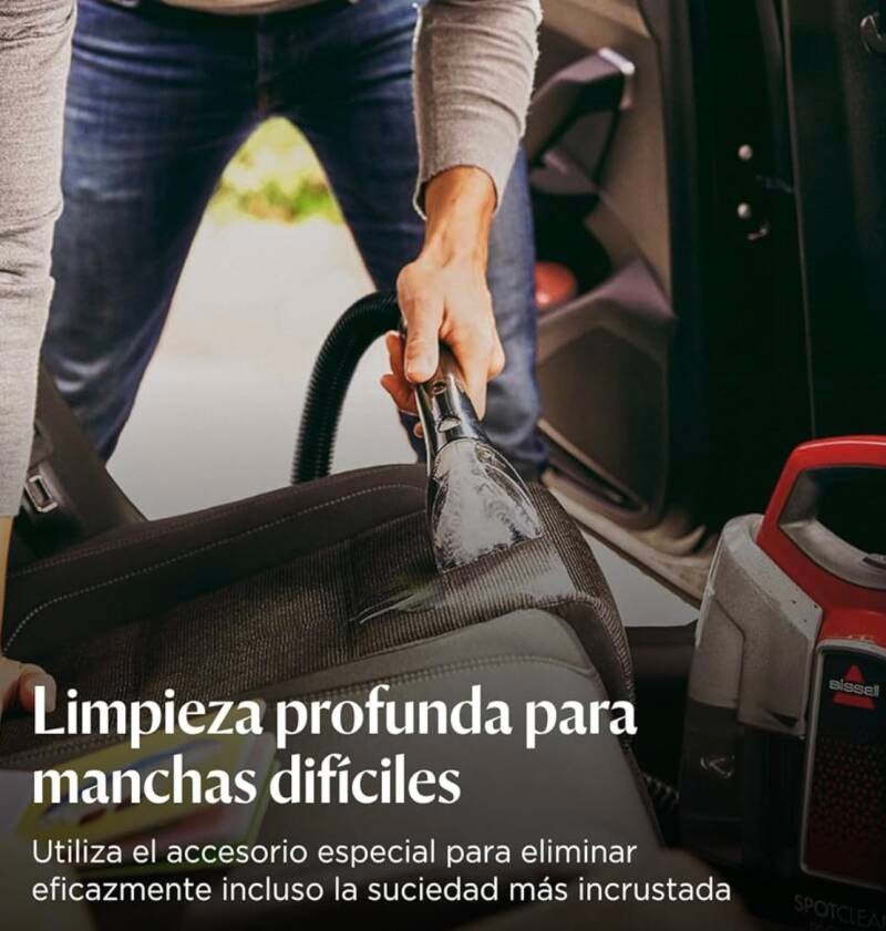 ALT: Bissell SpotClean ProHeat limpiando asientos de coche – Elimina manchas y suciedad con facilidad