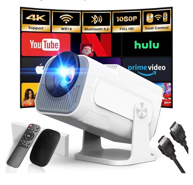 Proyector portátil 4K con su control remoto y accesorios