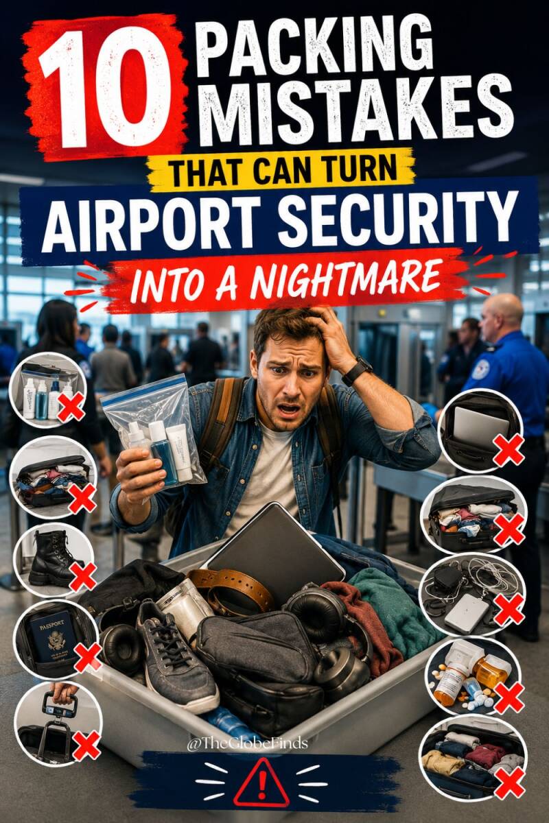 Traveler struggling at airport security with an overpacked bag, liquids, electronics, and common packing mistakes that can cause delays during airport screening.
