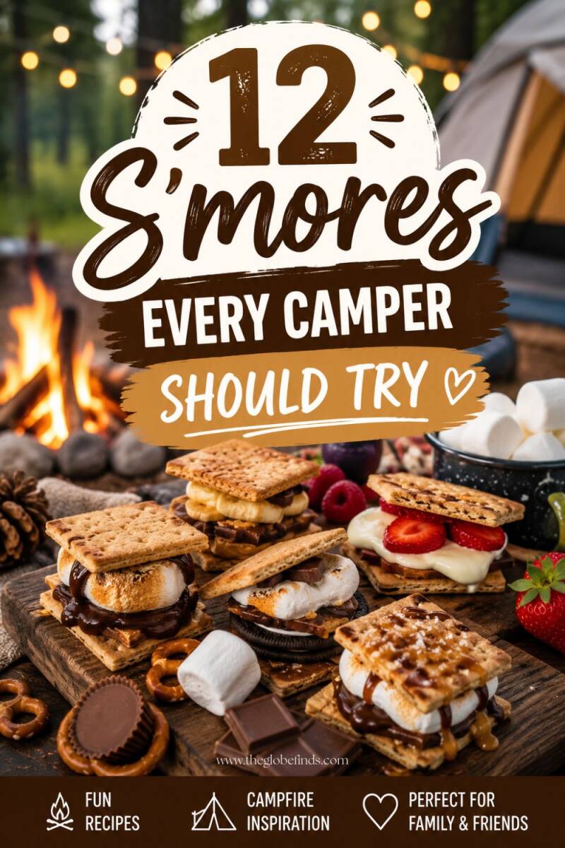 Assorted gourmet s'mores variations displayed on a rustic table beside a campfire and tent, featuring chocolate, marshmallows, strawberries, caramel, peanut butter cups, and graham crackers.