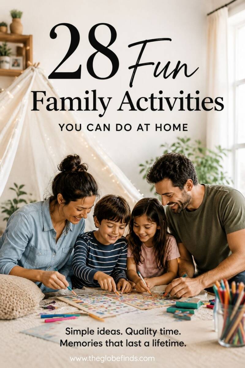 Family of four enjoying arts and crafts together at home with the blog title "28 Fun Family Activities You Can Do at Home" in a cozy, modern living room.