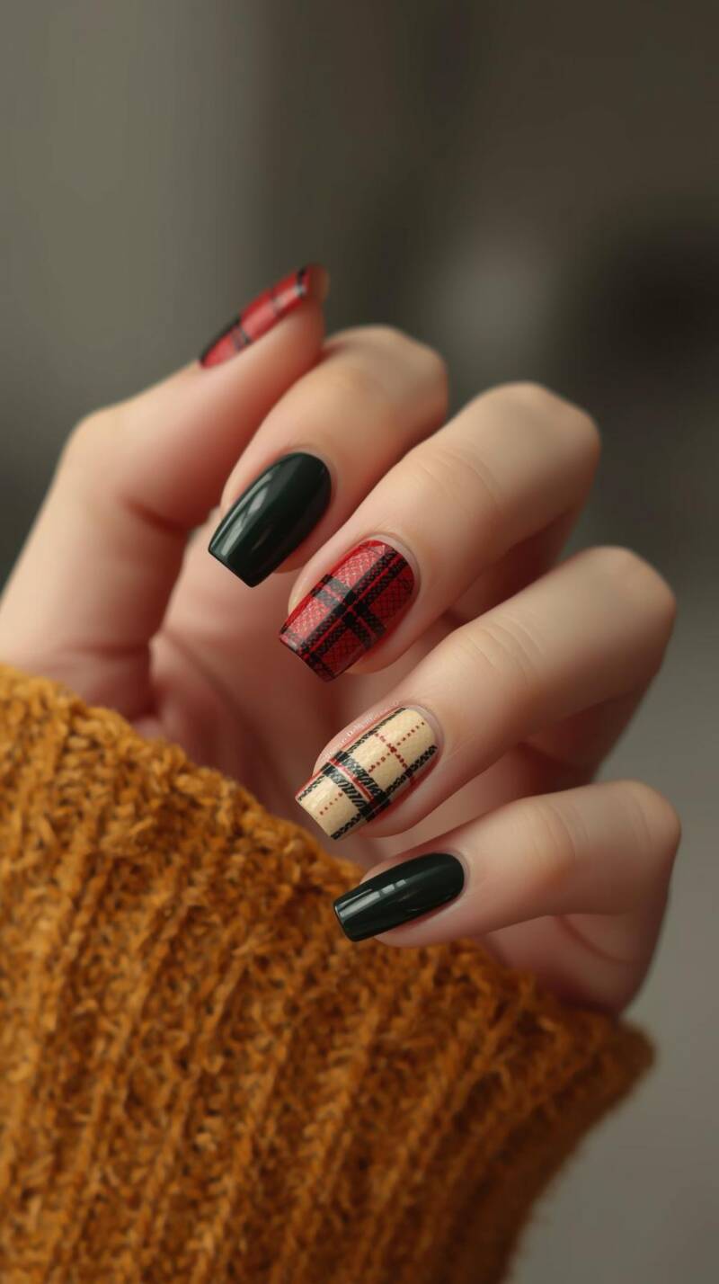 _a-stylish-female-hand-with-short-square-shaped-nails-painted-in-glossy-dark-green-and-mustard-yellow-accent-nails-showcase-plaid-flannel-patterns-in-red-black-an-1-standard-tc989y.jpg
