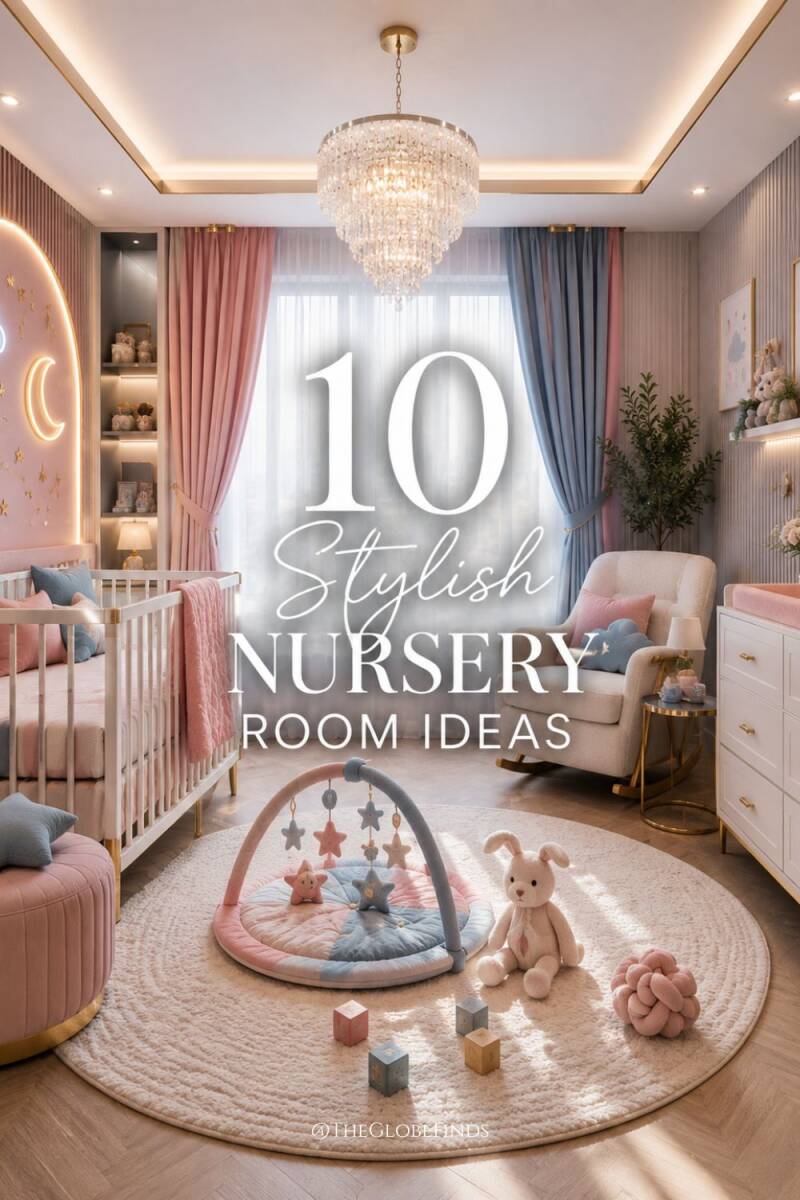 Elegant pink and blue nursery with a white crib, plush cream rug, crystal chandelier, pastel curtains, cozy rocking chair, baby play gym, and modern nursery decor.