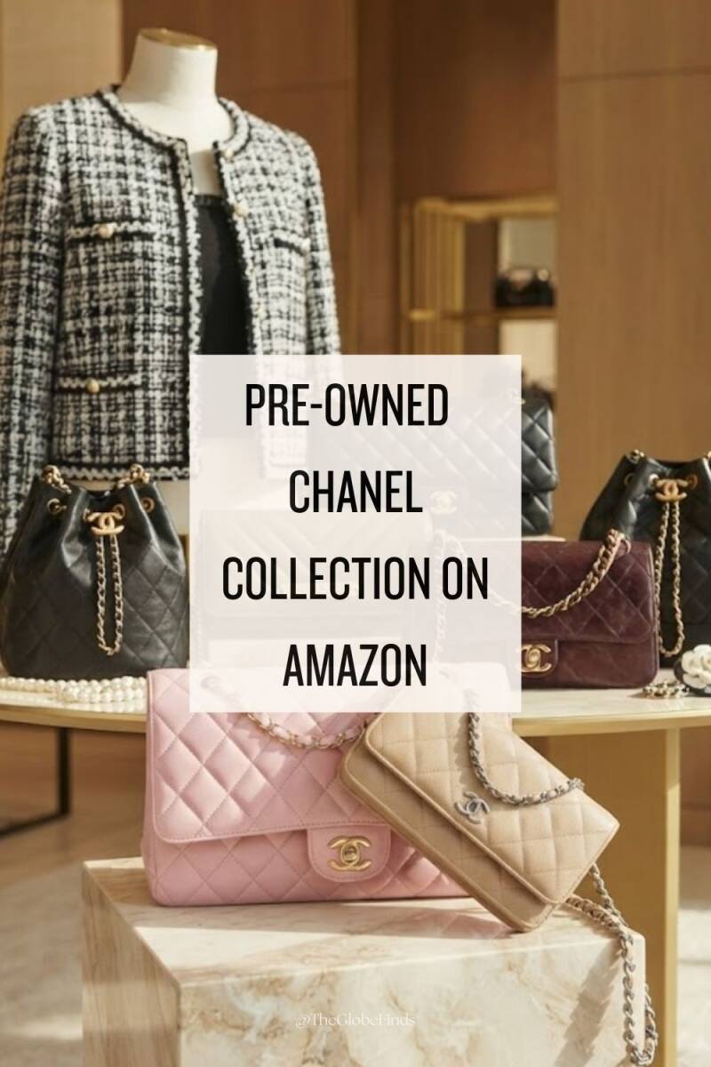 Display of pre-owned Chanel handbags on Amazon, featuring Classic Flap bags, quilted shoulder bags, and bucket bags in black, pink, burgundy, and beige alongside a Chanel-style tweed jacket.