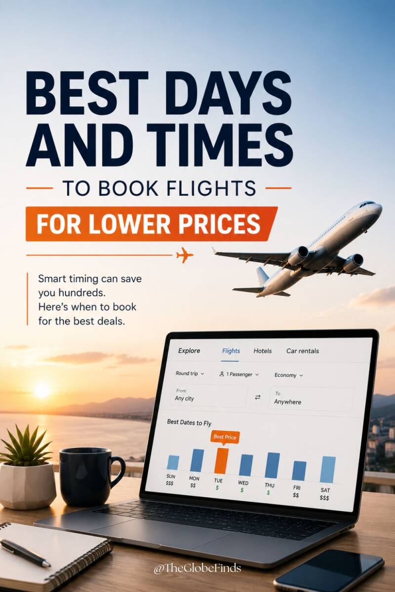 Modern Pinterest graphic showing an airplane flying above a laptop displaying flight booking data, illustrating the best days and times to book flights for lower prices and save on airfare.