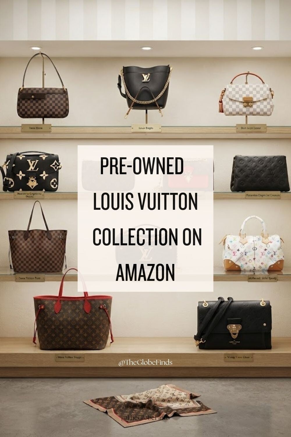Collage of pre-owned Louis Vuitton handbags available on Amazon, featuring popular styles including Neverfull, Pochette, and shoulder bags with text overlay reading "Pre-Owned Louis Vuitton Collection on Amazon."