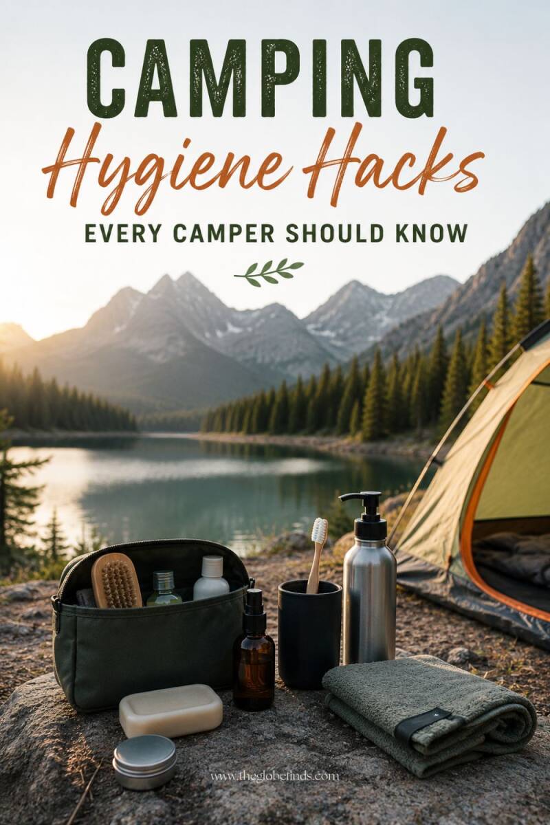 Camping hygiene essentials at a scenic lakeside campsite featuring a toiletry kit, soap, towel, toothbrush, and reusable bottles beside a tent in the mountains.
