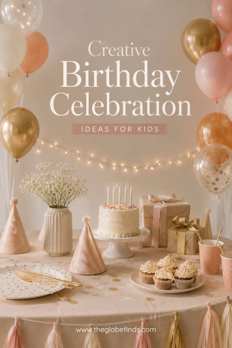 Elegant Pinterest-style hero image featuring a beautifully decorated birthday party table with a birthday cake, pastel balloons, wrapped gifts, cupcakes, party hats, and soft fairy lights. The image includes the title "Creative Birthday Celebration Ideas 