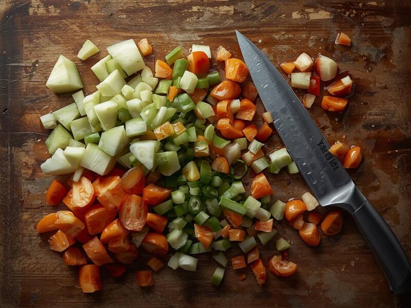 Unevenly chopped vegetables on cutting board