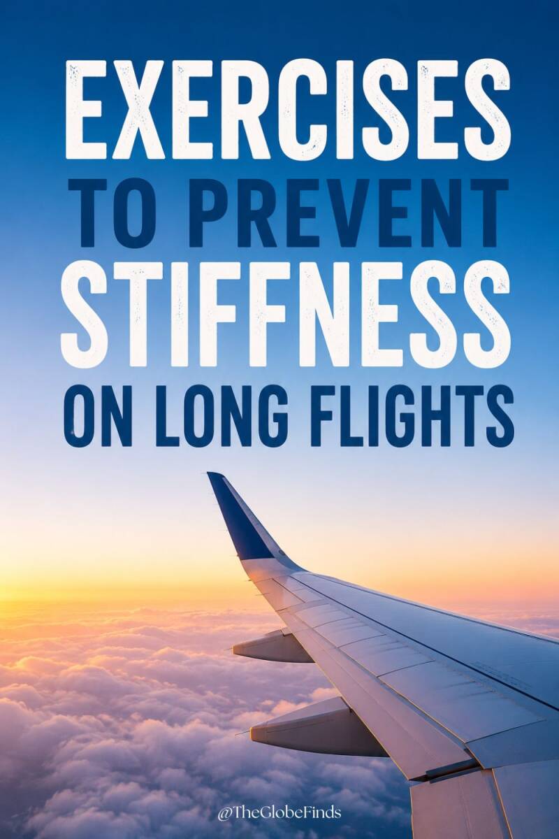 Airplane wing above the clouds at sunrise with the title "Exercises to Prevent Stiffness on Long Flights," representing in-flight stretching and mobility tips for travelers.