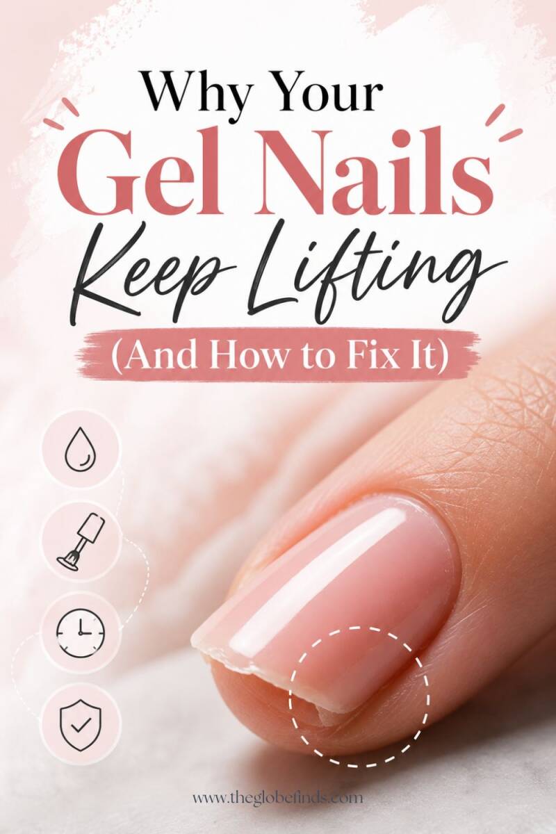 Close-up of a pink gel manicure with slight nail lifting at the tip, featuring the title "Why Your Gel Nails Keep Lifting (And How to Fix It)