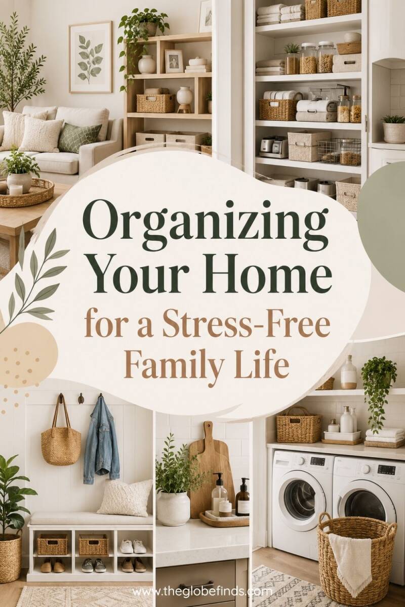 Modern Pinterest-style cover image featuring an organized home with neatly arranged storage baskets, pantry shelves, entryway organization, and laundry room, titled "Organizing Your Home for a Stress-Free Family Life