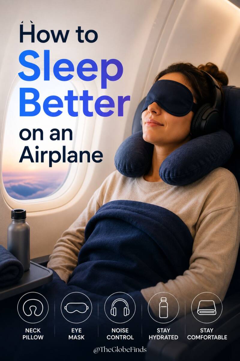 Passenger sleeping comfortably on an airplane with a neck pillow, eye mask, headphones, blanket, and water bottle while flying on a long-haul flight.