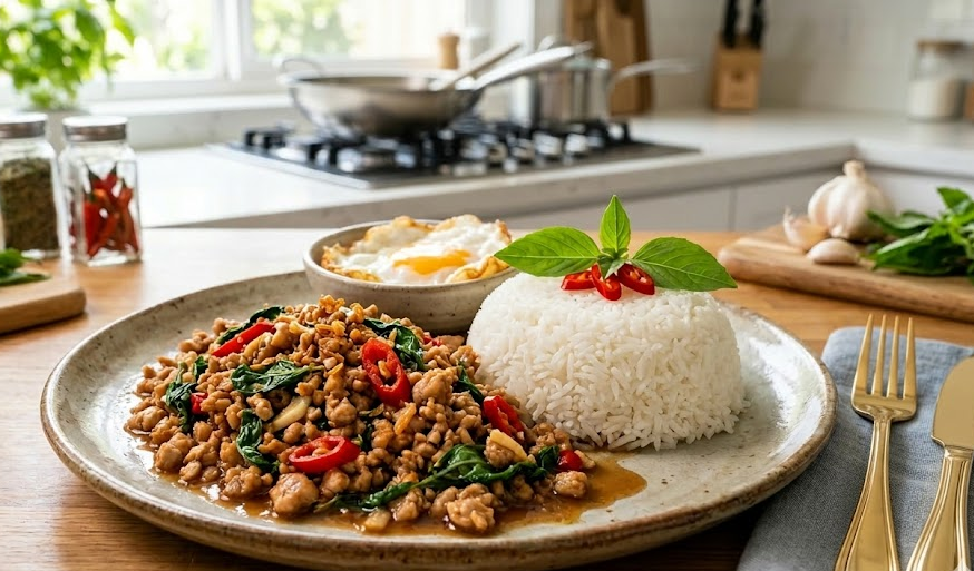 Thai basil chicken stir-fry served with steamed rice