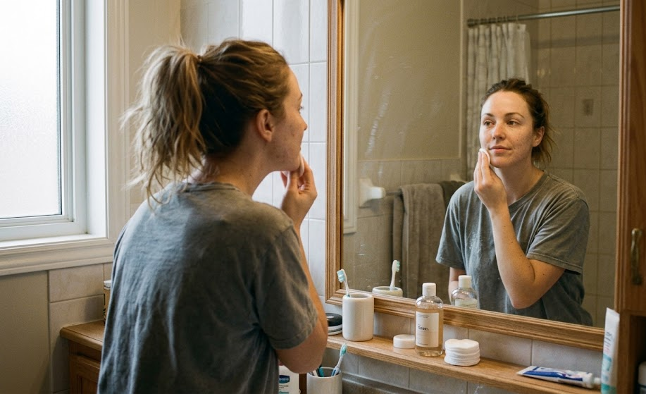 “Woman applying facial toner as part of her real morning skincare routine.”