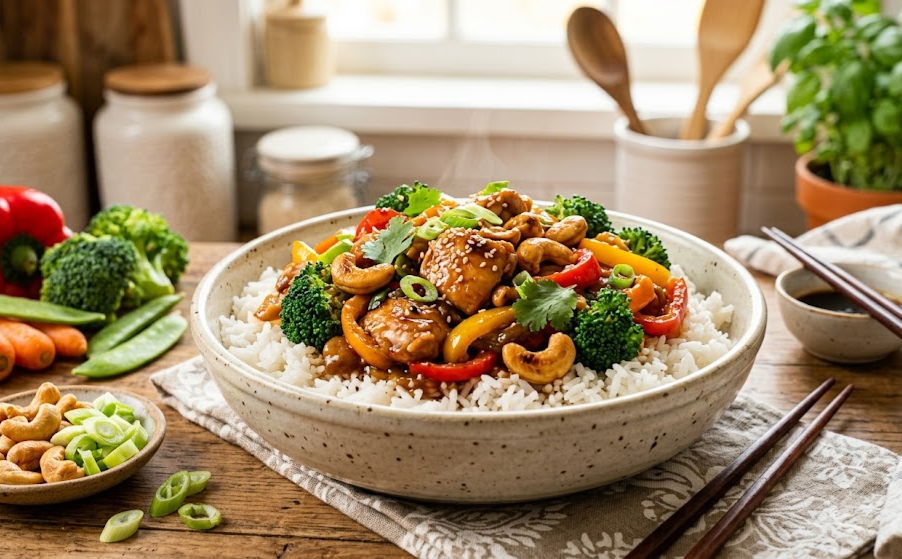 Cashew chicken stir-fry served with rice
